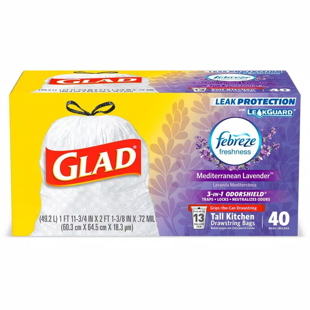 Glad 13 Gallon Tall Kitchen Trash Bags with Febreze Mediterranean Lavender OdorShield, Drawstring, 40-Count