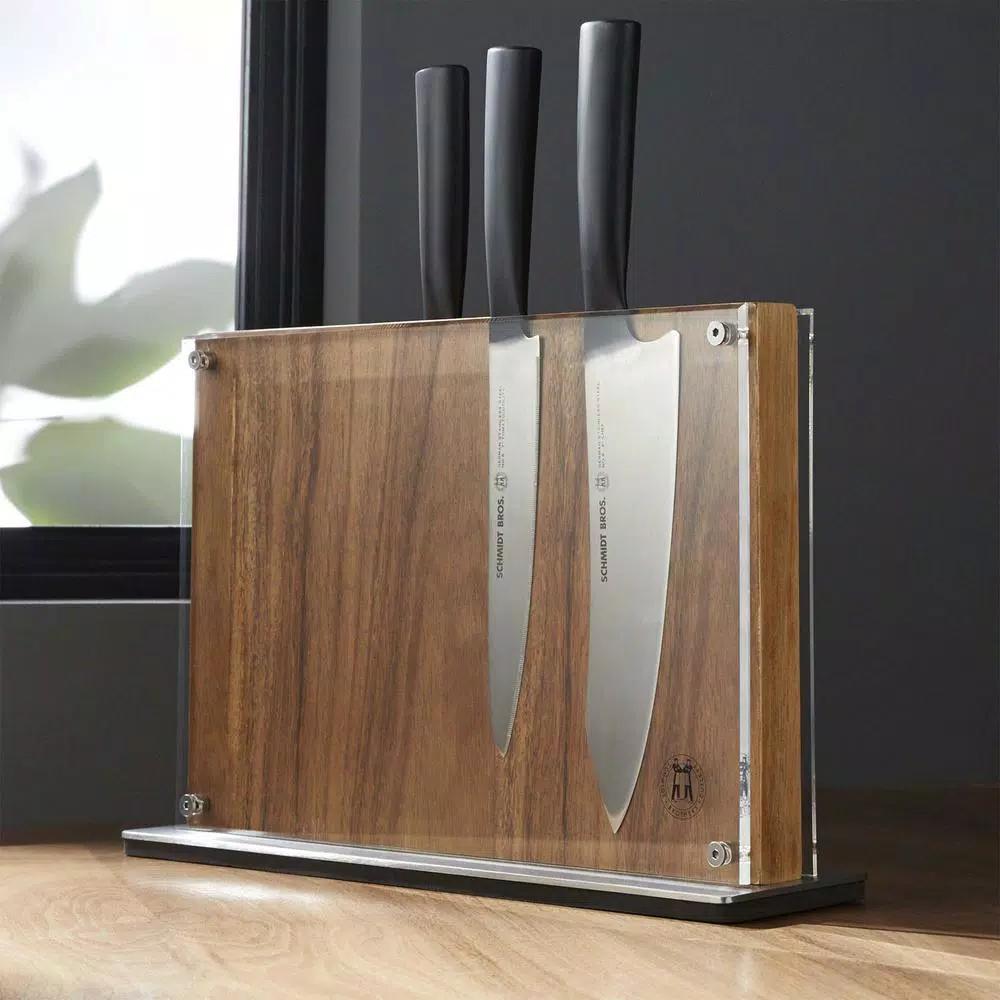 SCHMIDT BROS. Downtown Acacia Wood Knife Block - Two-Sided Magnetic Storage with Acrylic Safety Covers