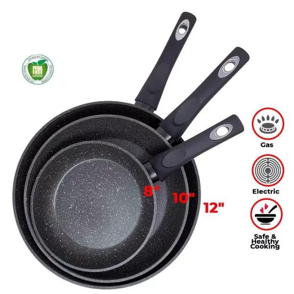 LavoHome Royal Marble 3-Piece Nonstick Forged Aluminum Frying Pan Set, Black