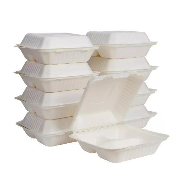 Unbranded 8 in. White Sugarcane 3-Compartment Sectional Clamshell Containers, 300 Pack