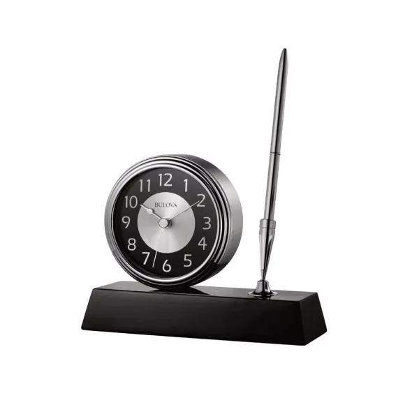 Bulova Signature Clock and Pen Desk Set with Black Wooden Base and Brushed Silver Accents