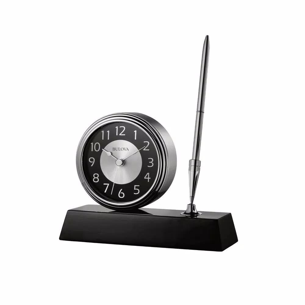 Bulova Signature Clock and Pen Desk Set with Black Wooden Base and Brushed Silver Accents