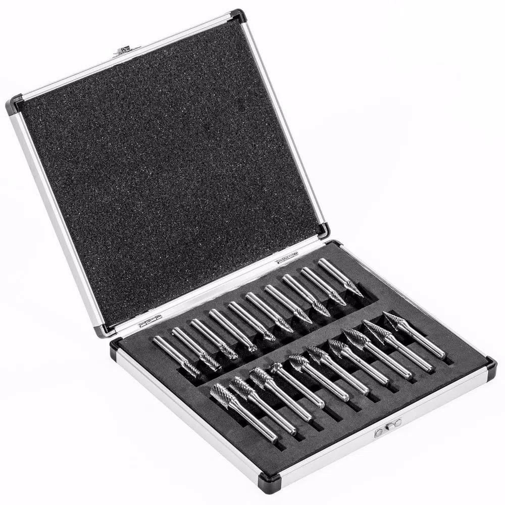 Stark 20-Piece Double Cut Carbide Rotary Burr Set with 1/4 in. Shank, Includes Carrying Case