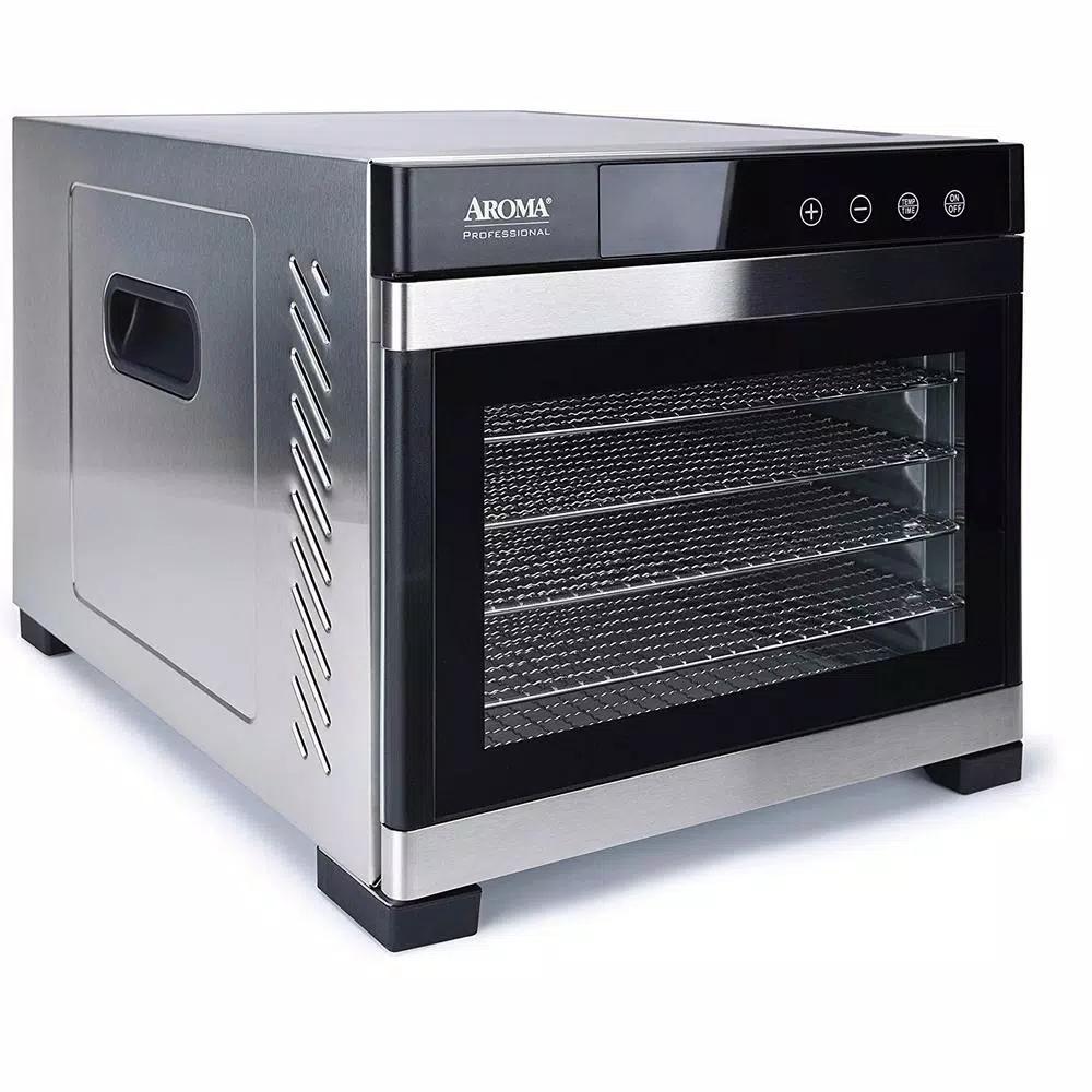 AROMA 6-Tray Digital Food Dehydrator with Glass Door and Stainless Steel Trays, 600W, Black