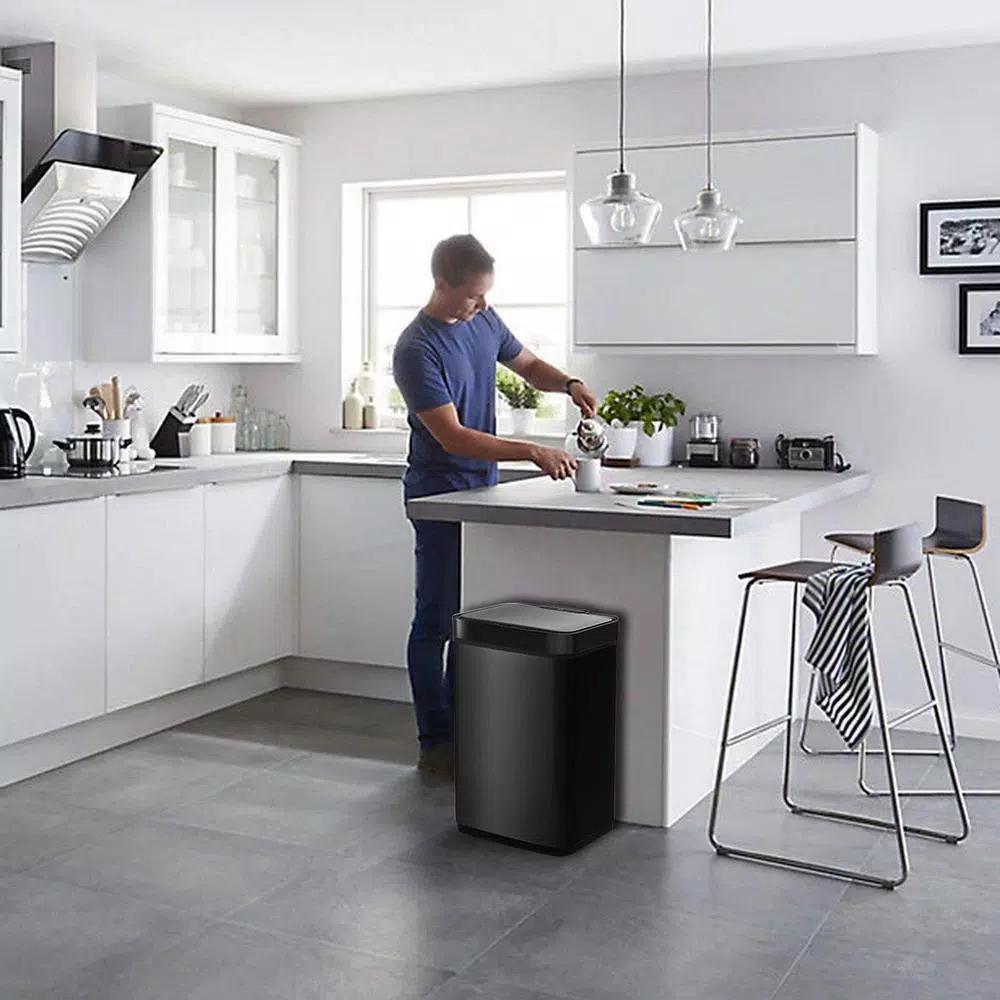 Boyel Living 13 Gallon Stainless Steel Sensor Trash Can - Touch-Free Rectangular Kitchen Bin with Black Lid