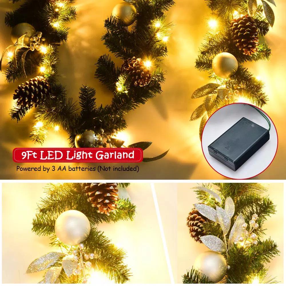 Costway 9 ft. Pre-Lit Artificial Pine Garland with 50 LED Lights, Pinecones, and Berries