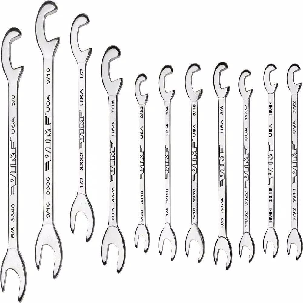 VIM Tools 11-Piece Miniature Open End Angle Wrench Set with Plastic Roll Pouch