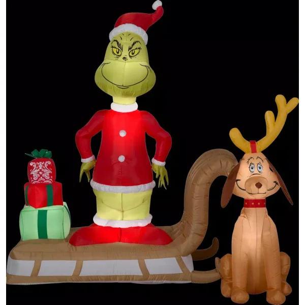 Gemmy 6 ft. Airblown Inflatable Grinch and Max on Sled Holiday Scene with LED Lights