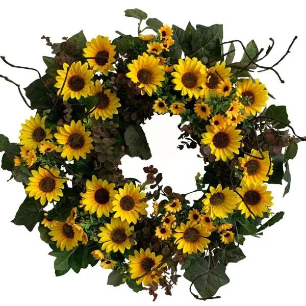 Glitzhome 24 in. Artificial Sunflower Wreath with Greenery and Grapevine Base