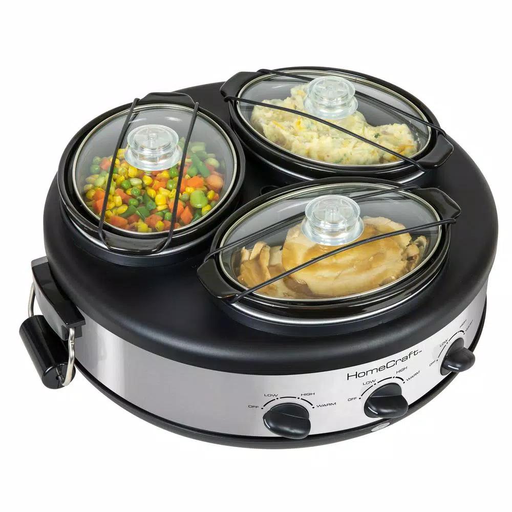 HomeCraft Triple 1.5 qt. Stainless Steel Slow Cooker Buffet Server with 3 Ceramic Pots