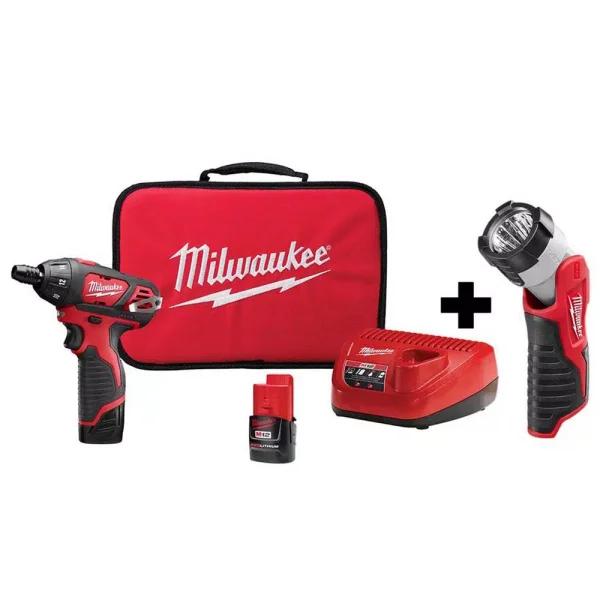 Milwaukee M12 12V Lithium-Ion 1/4 in. Hex Cordless Screwdriver Kit with LED Light, 2 Batteries, Charger & Bag
