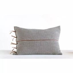 3R Studios Black & Beige Striped Cotton Ticking Lumbar Throw Pillow with Leather Trim, 24 x 16 in. thumbnail 3