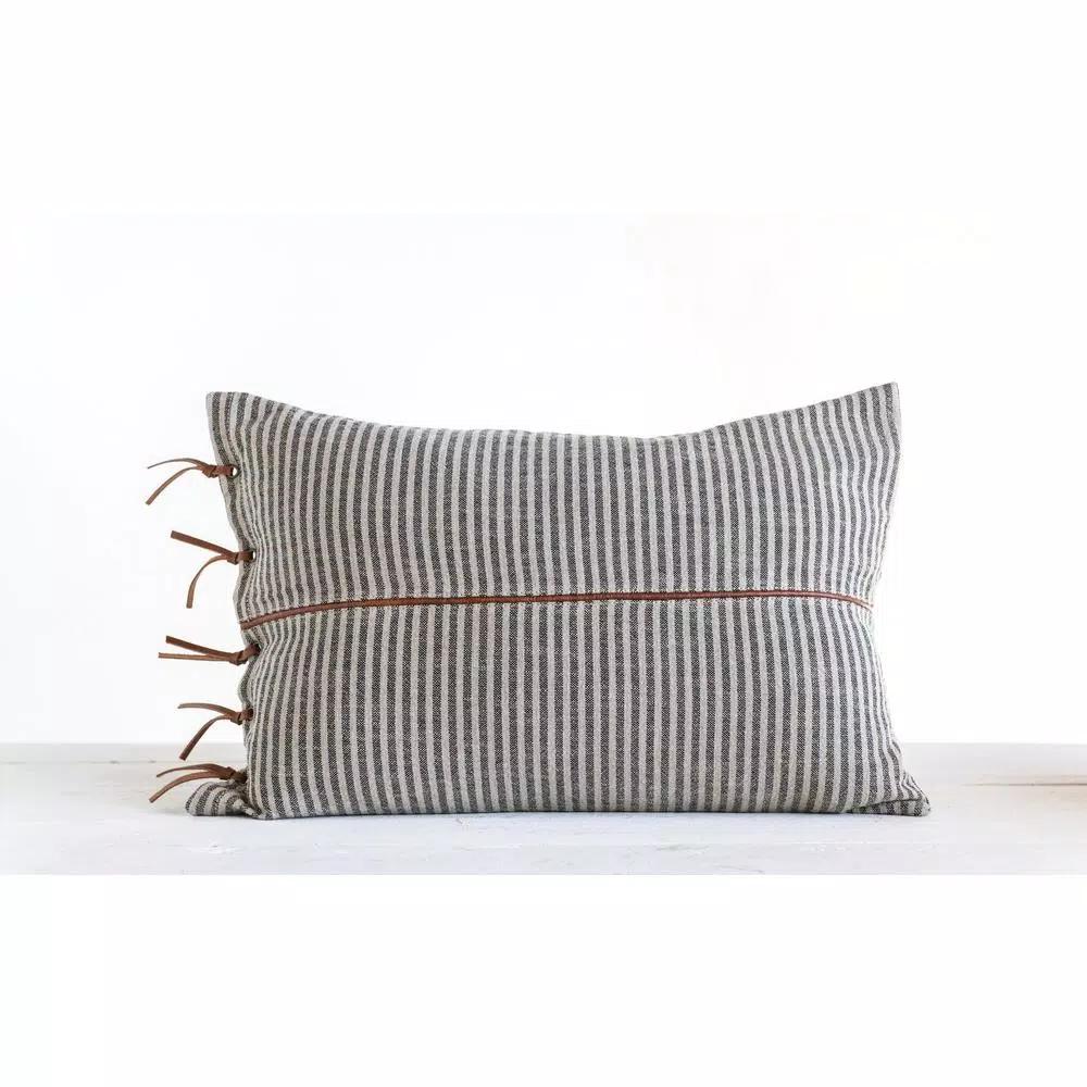 3R Studios Black & Beige Striped Cotton Ticking Lumbar Throw Pillow with Leather Trim, 24 x 16 in.