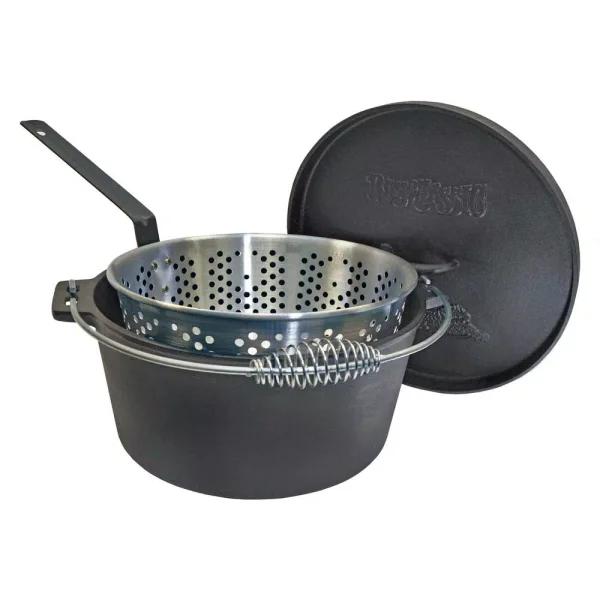 Bayou Classic 14 qt. Round Cast Iron Dutch Oven Set with Flanged Lid and Aluminum Fryer Basket, Black