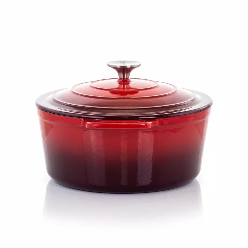 MegaChef 4 Qt. Round Enameled Cast Iron Casserole Dish with Lid, Red
