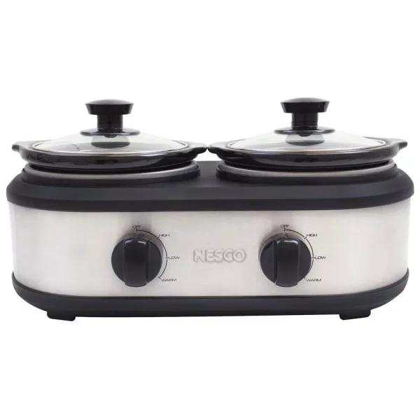 Nesco 2.5 Qt. Stainless Steel Dual Serving Station Slow Cooker with 2 Removable Ceramic Pots