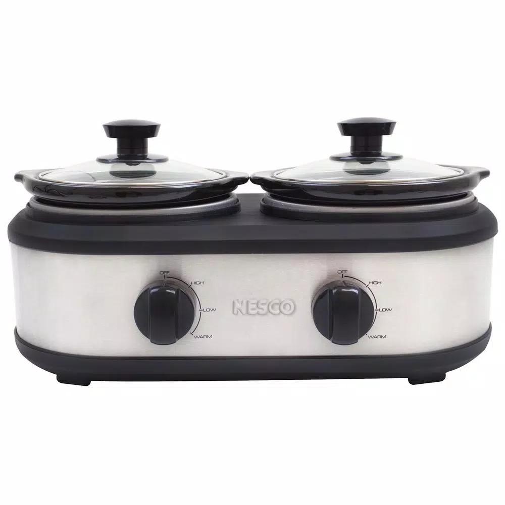 Nesco 2.5 Qt. Stainless Steel Dual Serving Station Slow Cooker with 2 Removable Ceramic Pots