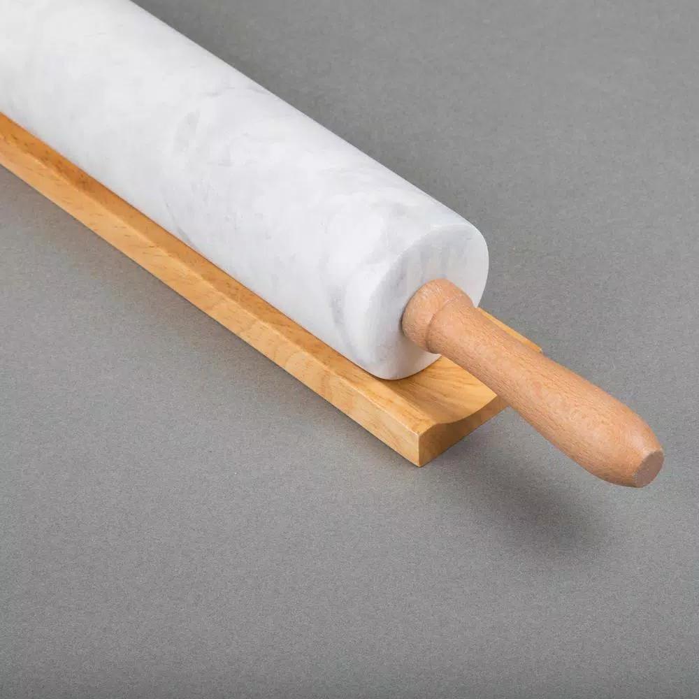 Creative Home Natural Marble Rolling Pin with Wooden Handles and Storage Cradle, 18 in.