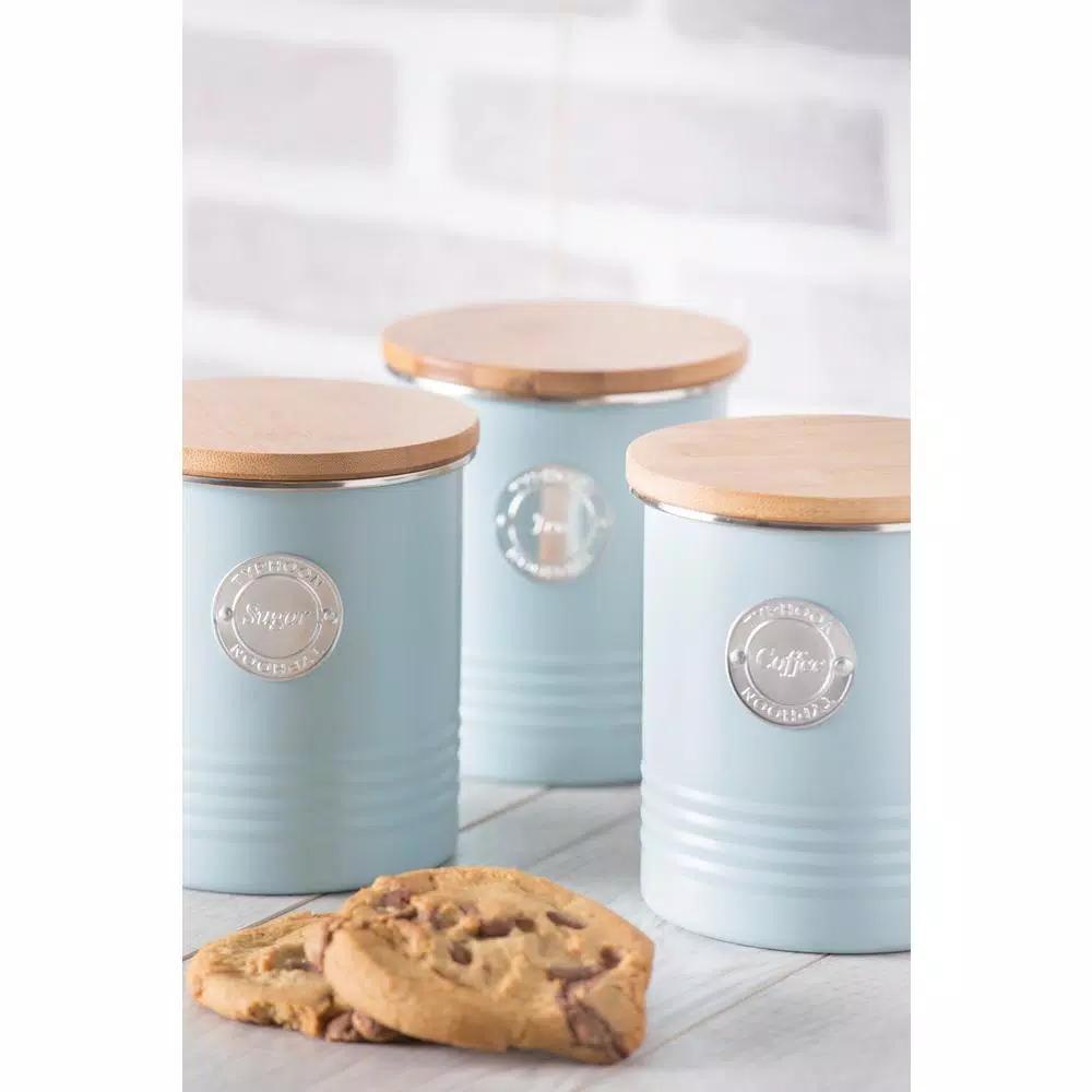 Typhoon Living 3-Piece Blue Carbon Steel Coffee, Tea & Sugar Canister Set with Sustainable Bamboo Lids