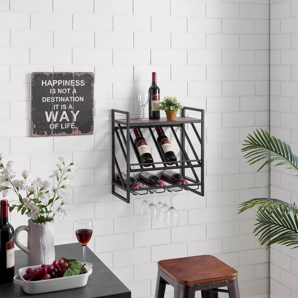DANYA B 12-Bottle Black Wood Wall Mount Wine Rack with Stemware Organizer and Top Shelf