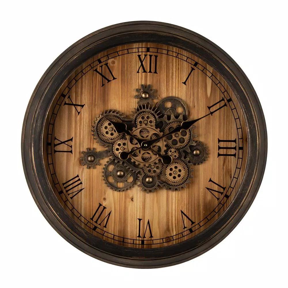 Glitzhome 27.76 in. Vintage Industrial Oversized Wall Clock with Moving Gears and Roman Numerals