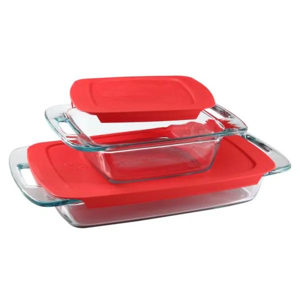 Pyrex Easy Grab 4-Piece Glass Bakeware Set with Red Lids - 3 qt. and 8 in. x 8 in. Bakers