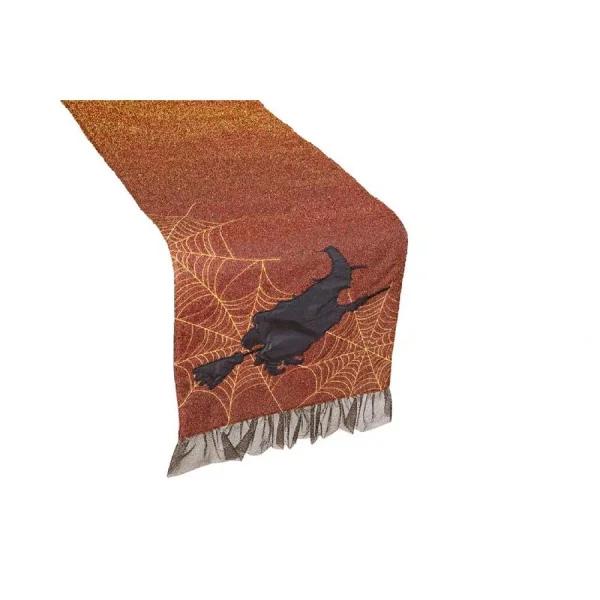 Xia Home Fashions Halloween Witching Hour Table Runner - Black Witch & Spider Web Design with Gold Gilded Accents