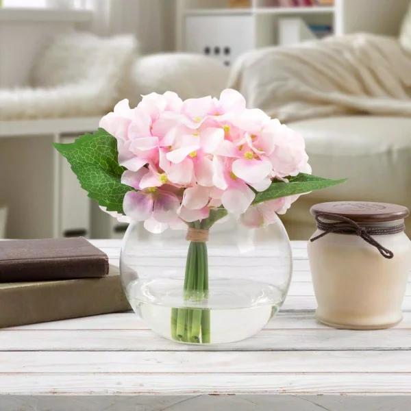 Pure Garden 7.5 in. Pink Hydrangea Artificial Floral Arrangement in Glass Vase