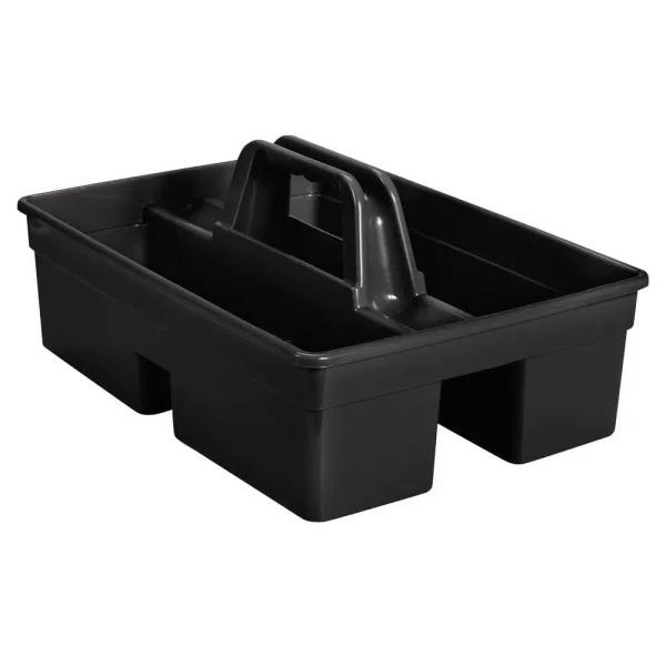 Rubbermaid Commercial Products Black Divided Plastic Carry Caddy with 2 Compartments for Cleaning Supplies and Tools