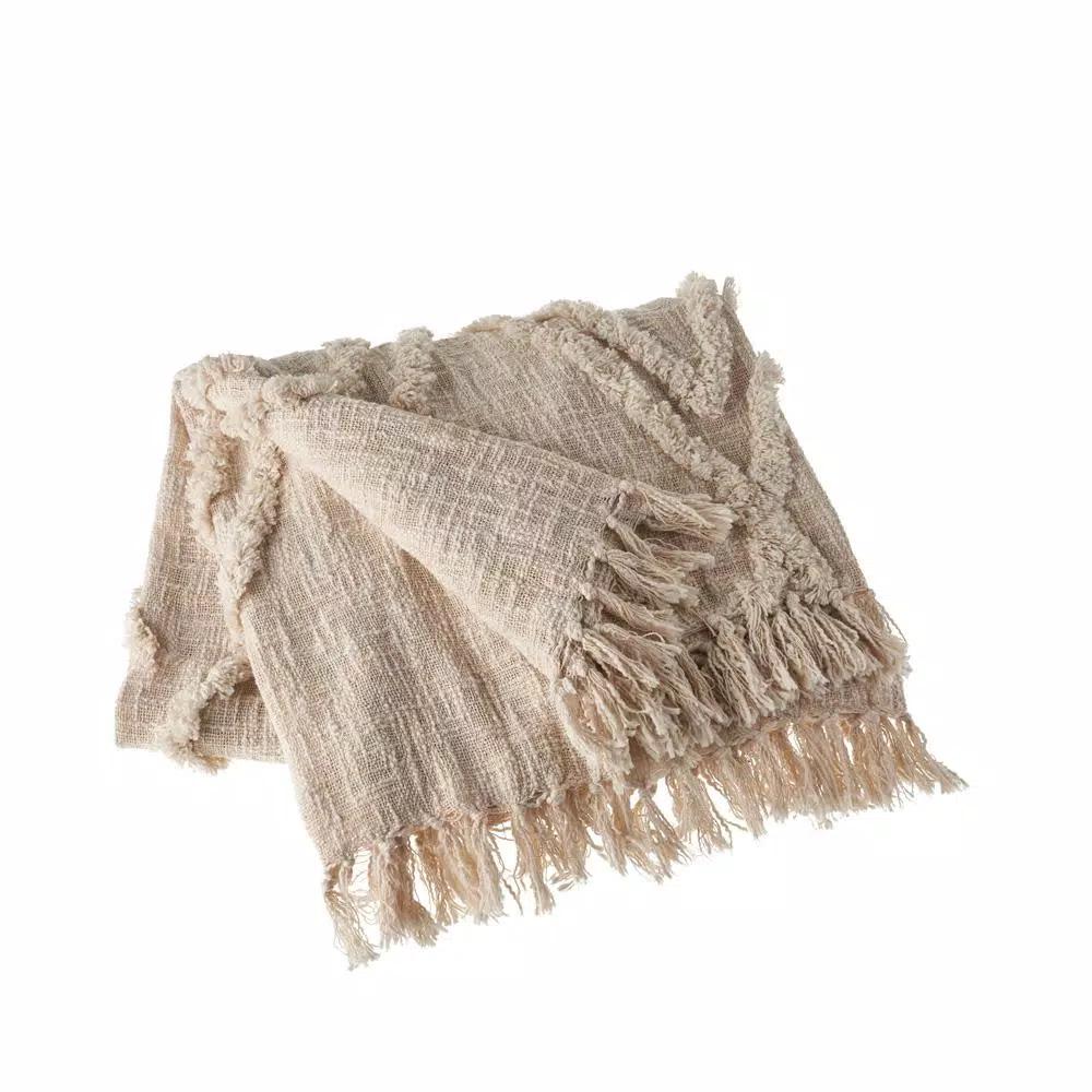 LR Resources LR Home Handmade Boho Tufted Cotton Throw Blanket with Fringe, Beige, 50 x 60 in