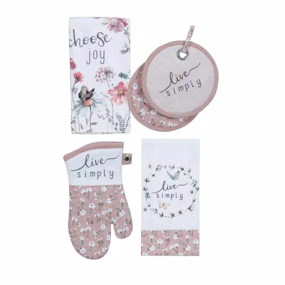 Kay Dee Lisa Audit Watercolor Floral Cotton Kitchen Textile Set - 4 Piece Blush Set