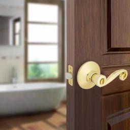 Defiant Scroll Polished Brass Privacy Lever Set for Bedroom and Bathroom Doors thumbnail 2