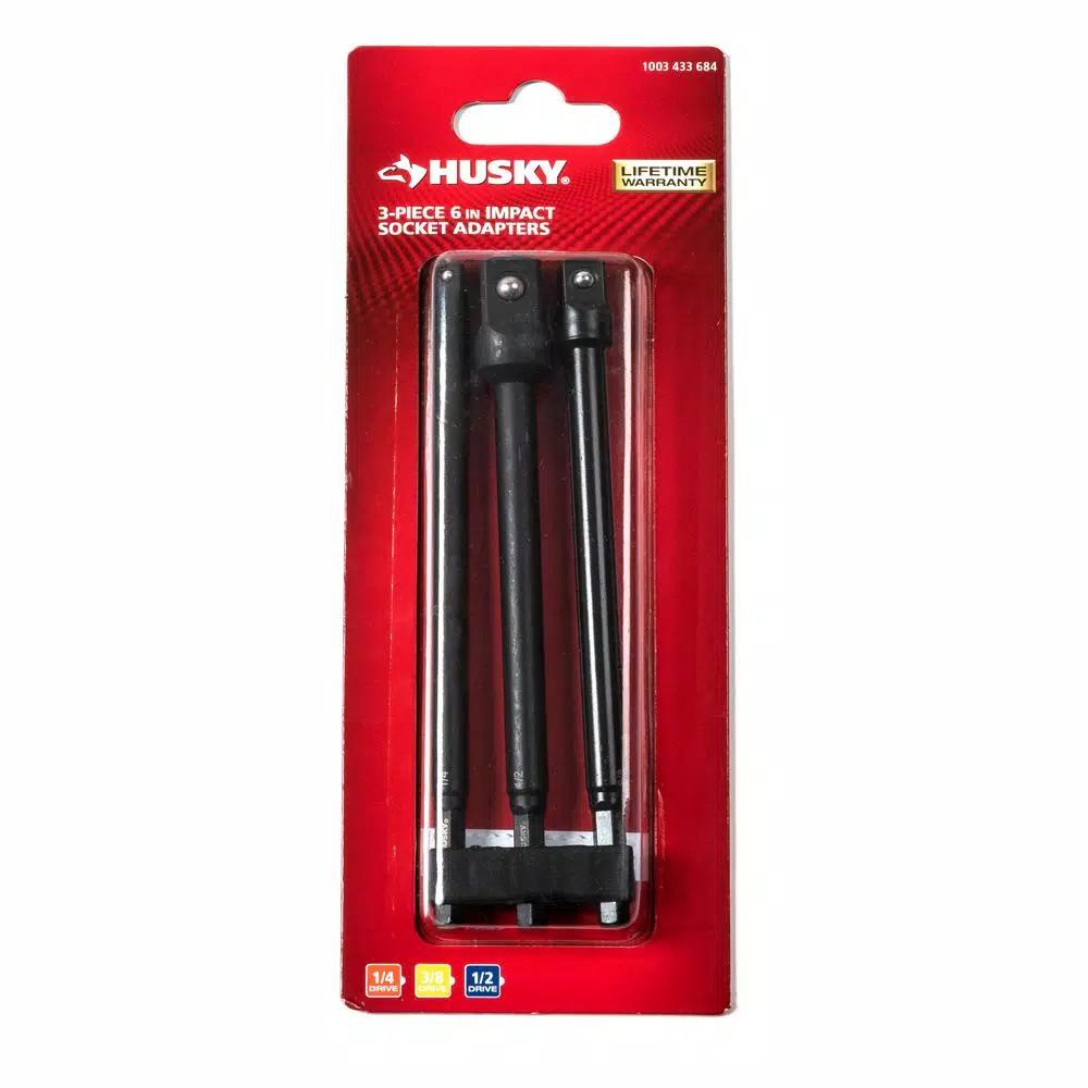 Husky 3-Piece Impact Socket Adapter Set, 1/4 in. Hex Shank to 1/4 in., 3/8 in., and 1/2 in. Drive
