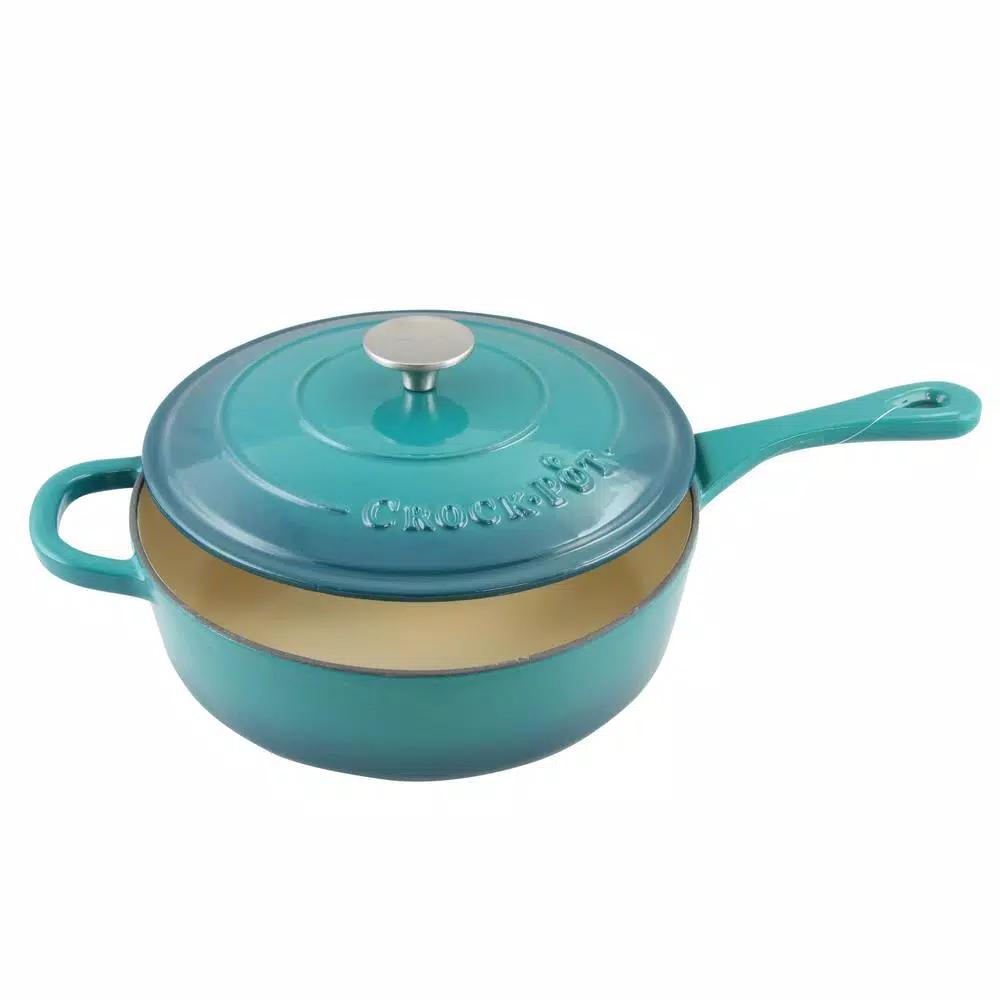 Crock-Pot Artisan 3.5 Qt. Cast Iron Enamel Saute Pan with Lid, Teal Ombre