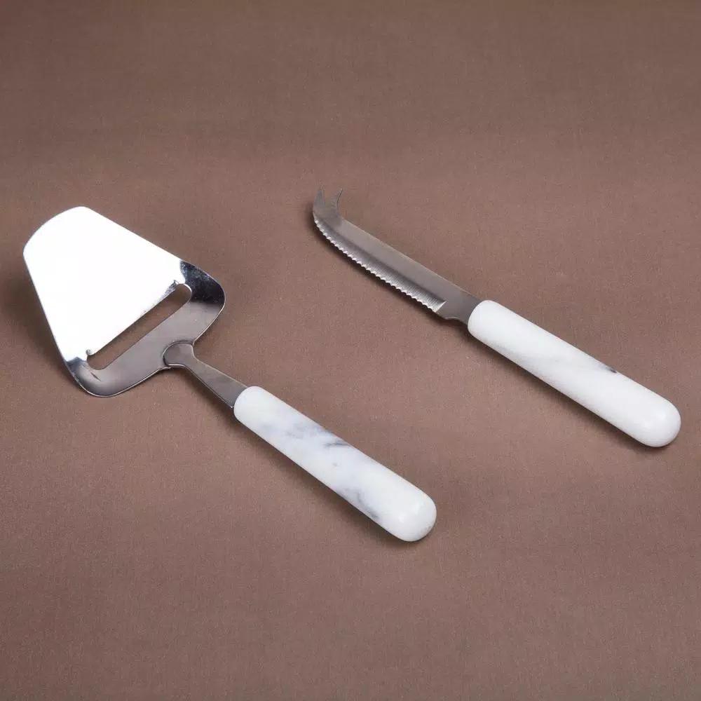 Creative Home Stainless Steel Cheese Slicer and Knife Set with Natural White Marble Handles (2-Piece)