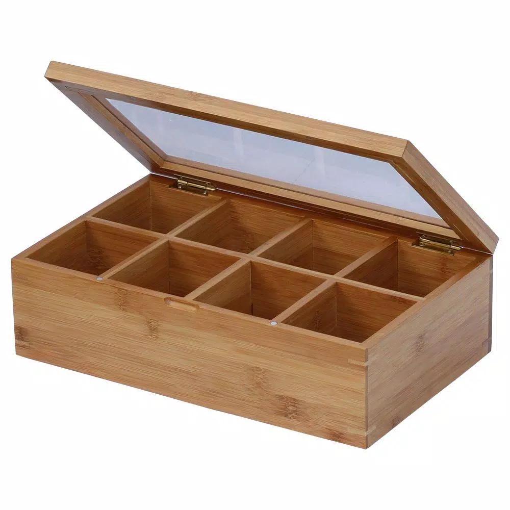 Oceanstar 8-Compartment Bamboo Tea Box with Hinged Acrylic Lid