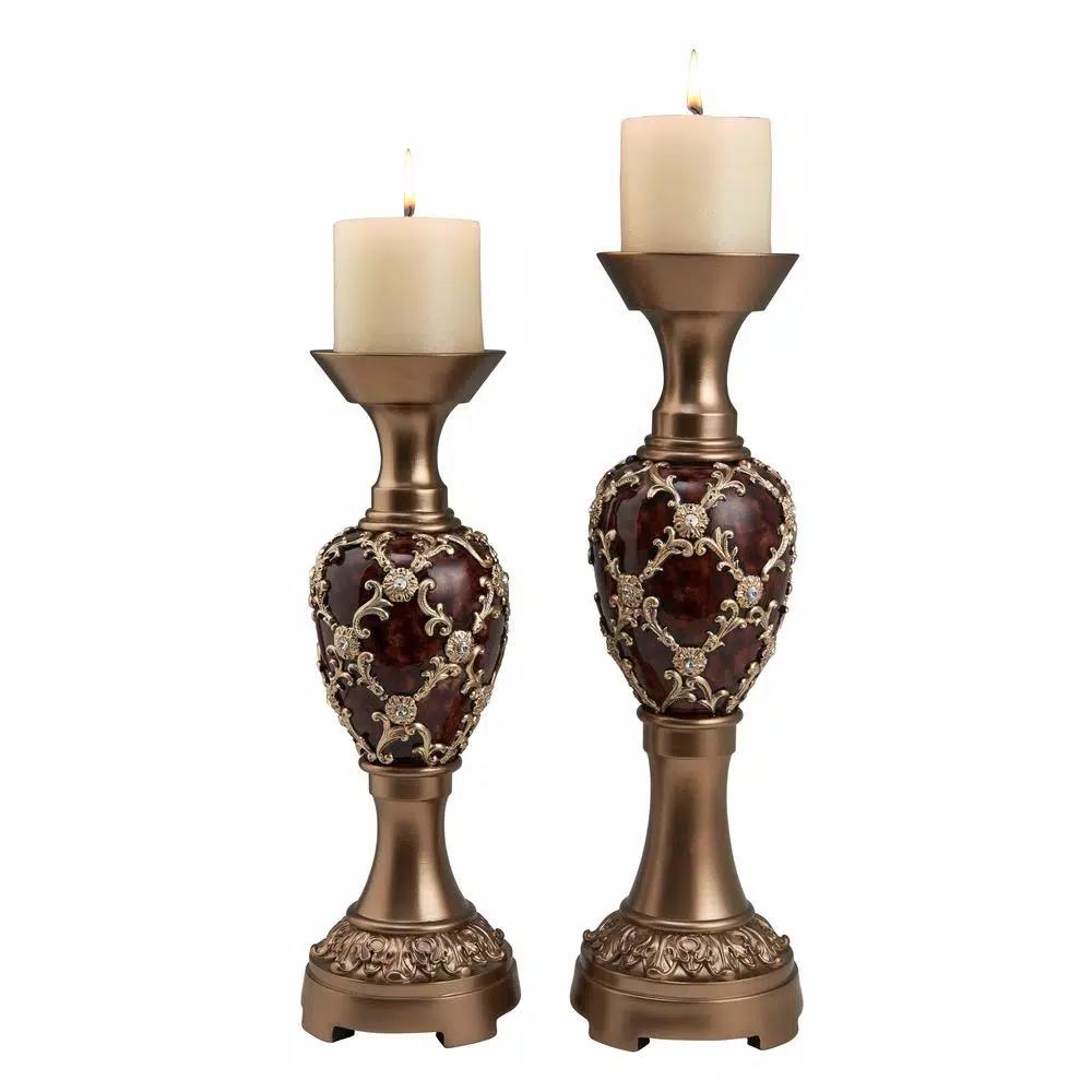 ORE International Curvae Bejewelled Golden Stencils Candleholder Set of 2, 14 in. & 16 in.
