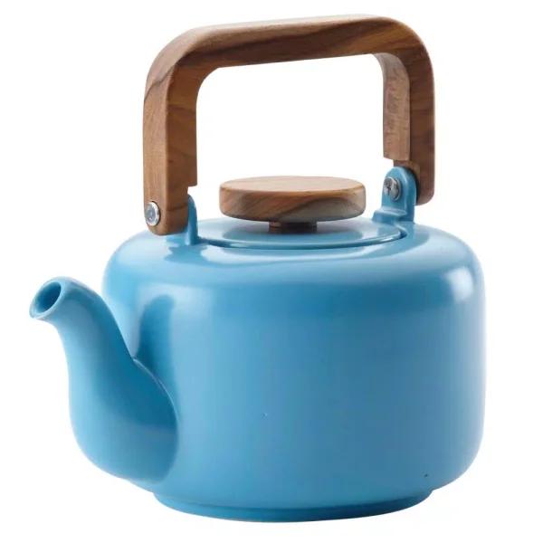 BonJour Ceramic 4-Cup Teapot with Stainless Steel Infuser and Teak Wood Accents, Aqua