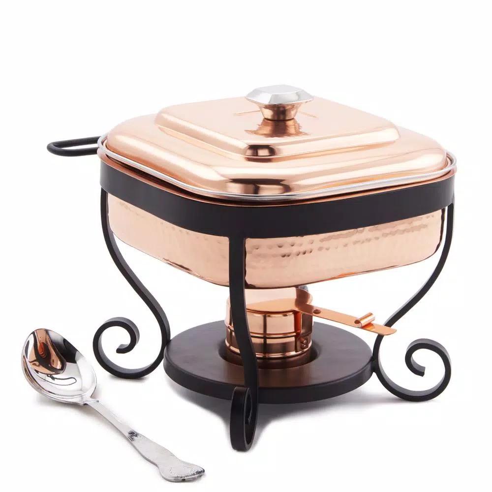 Old Dutch 3 Qt. Square Hammered Copper Chafing Dish with Stainless Steel Spoon and Iron Stand