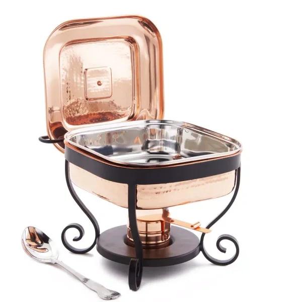 Old Dutch 3 Qt. Square Hammered Copper Chafing Dish with Stainless Steel Spoon and Iron Stand