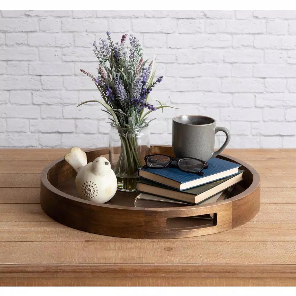 Kate and Laurel Hutton 18.25 in. Round Rustic Brown Wooden Decorative Serving Tray with Built-in Handles