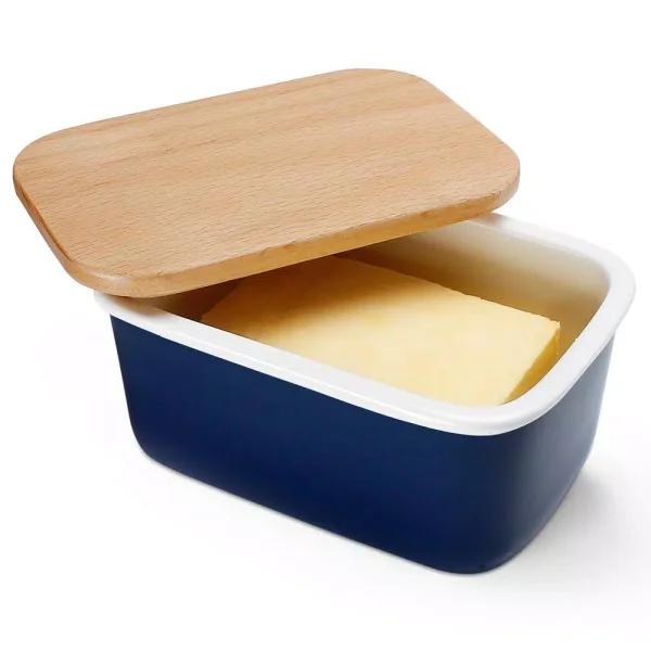 Sweese Large Porcelain Butter Dish with Beech Wood Lid - Navy Blue