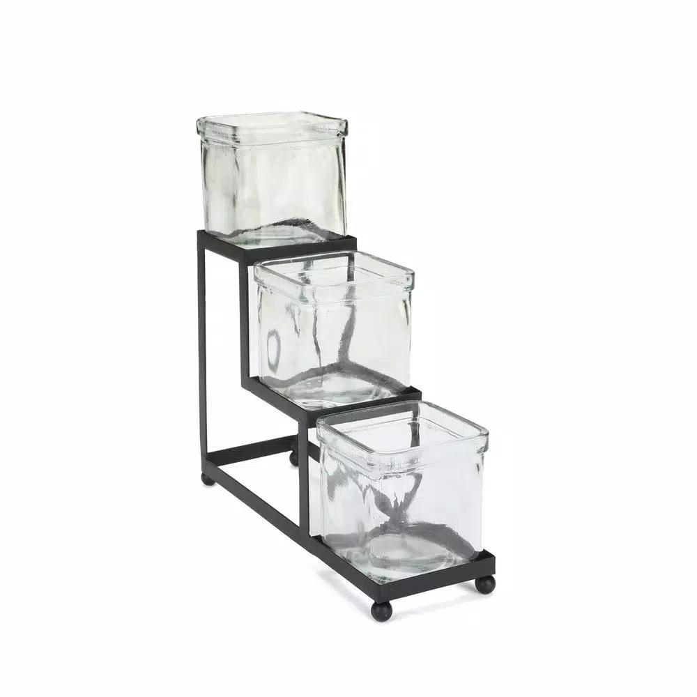 Mind Reader 3-Tier Black Metal Condiment Server with 3 Removable 8 oz. Glass Jars