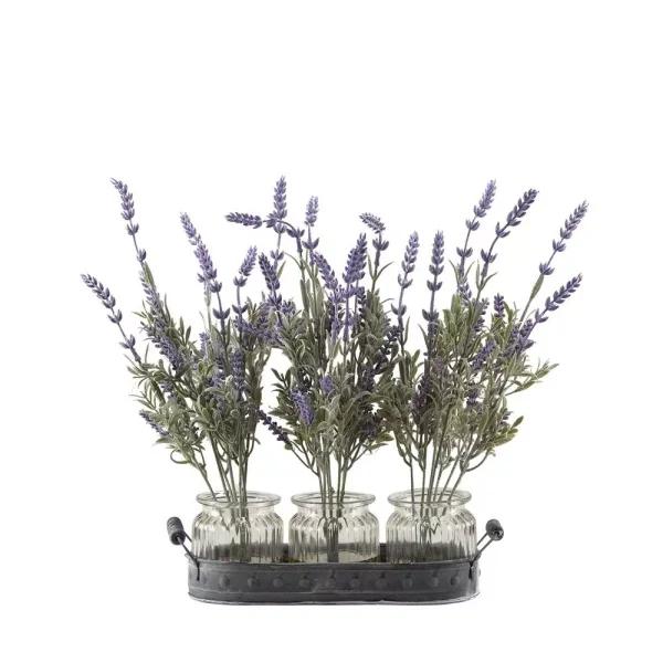 D&W Silks Artificial Lavender Branches in Multi-Colored Glass Jars with Oval Metal Tray