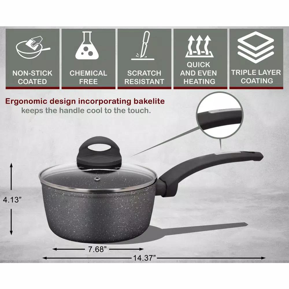 AMERCOOK Lava Stone 7 qt. Aluminum Nonstick Saucepan with Glass Lid, Gray
