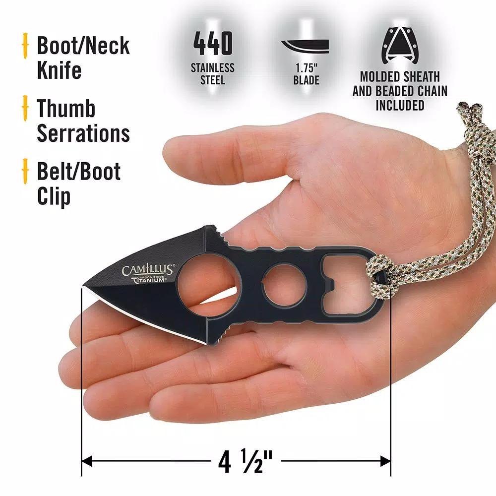 Camillus Heater Boot Neck Knife, 440 Stainless Steel Double Edge Dagger with Bottle Opener