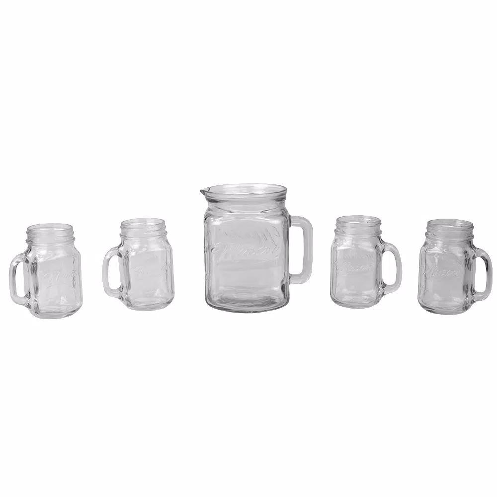 Unbranded Clear Glass Beverage Serveware Set - 2L Pitcher and 4 Matching Mugs