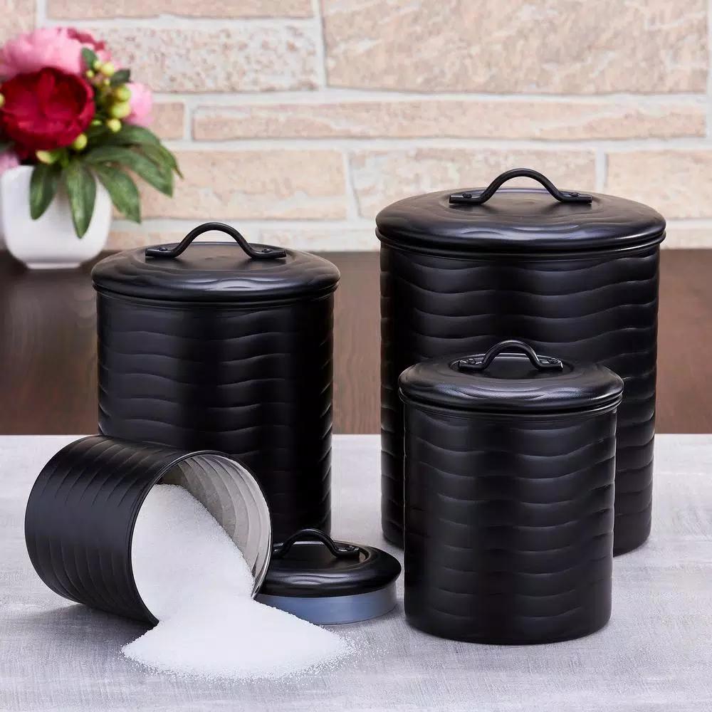 Old Dutch 4-Piece Matte Black Stainless Steel Wave Design Canister Set with Fresh Seal Covers