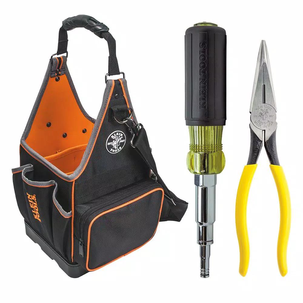 Klein Tools 3-Piece Tradesman Pro Tool Set with 8-Inch Tote, Long Nose Pliers, and 6-in-1 Multi-Nut Driver
