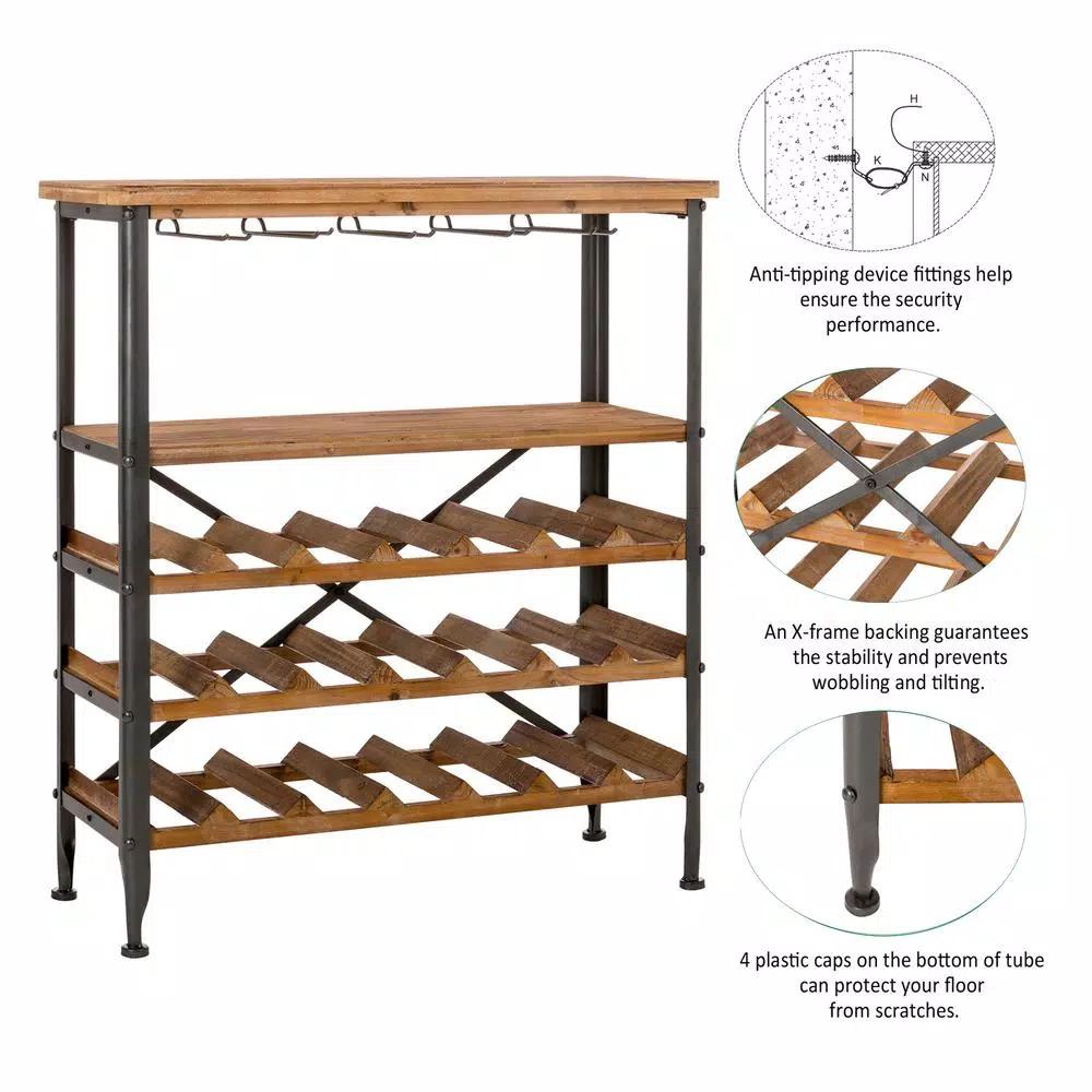 Glitzhome 34.25 in. Vintage Wood and Iron Wine Bottle and Glass Rack